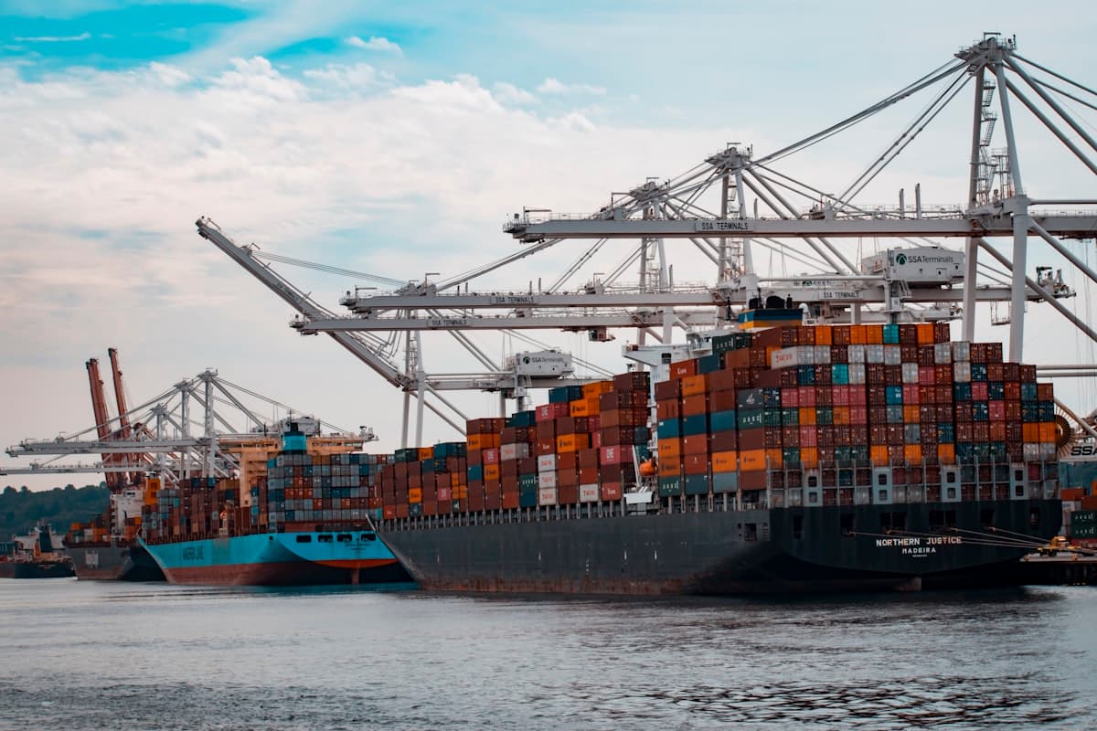 Modern Container Terminal with Gantry Cranes and Container Stacks